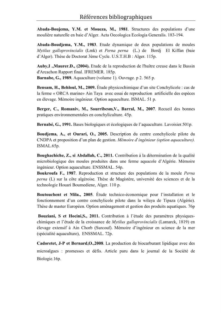 Contribution à la maîtrise du conditionnement des géniteurs de la moule Mytilus galloprovincialis (Lamarck, 1819), mollusque bivalve à potentialité mytilicole.