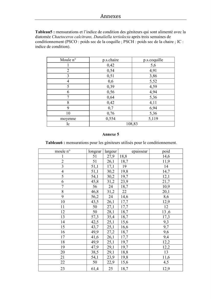 Contribution à la maîtrise du conditionnement des géniteurs de la moule Mytilus galloprovincialis (Lamarck, 1819), mollusque bivalve à potentialité mytilicole.