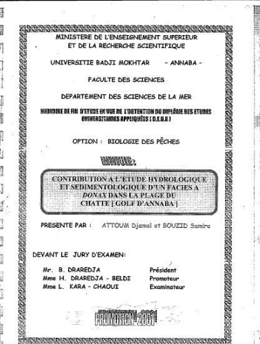 Contribution à l'étude hydrologique et sédimentologique d'un faciès à Donax dans la plage du chatte (Golfe d'Annaba) Contribution à l'étude hydrologique et sédimentologique d'un faciès à Donax dans la plage du chatte (Golfe d'Annaba)