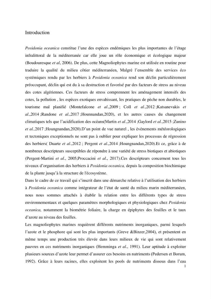 Contribution à l’étude des réponses morphologiques et physiologiques des herbiers à Posidonia oceanica aux stress environnementaux