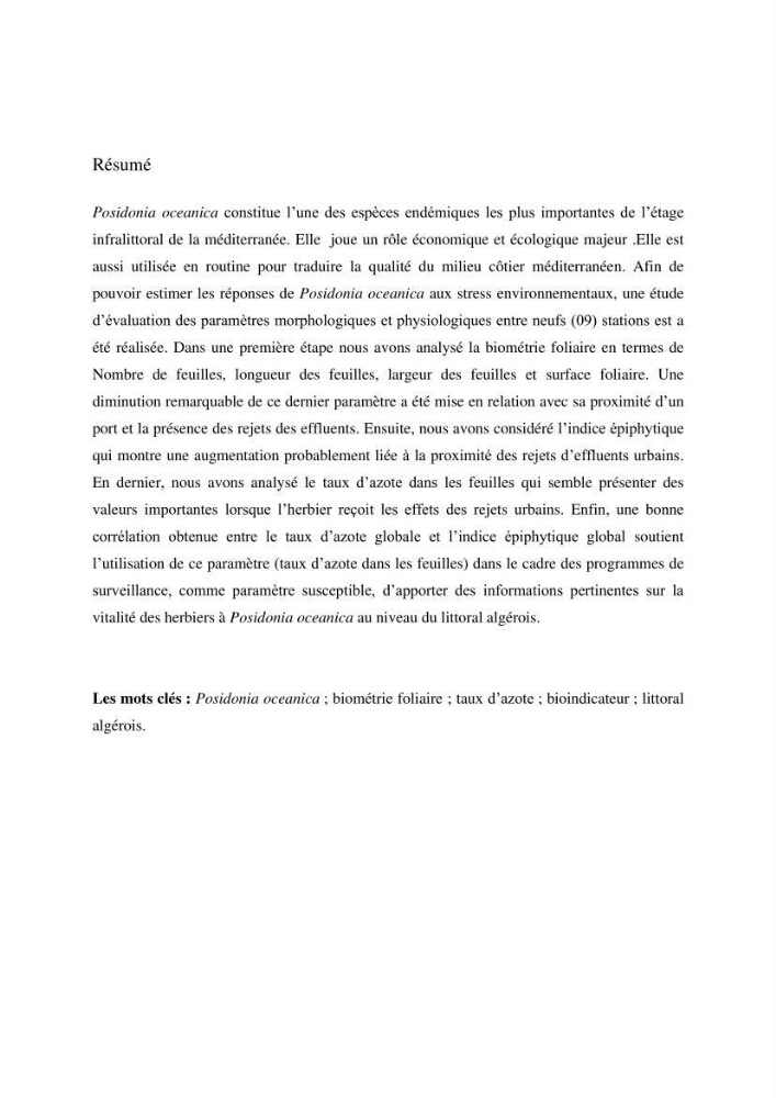 Contribution à l’étude des réponses morphologiques et physiologiques des herbiers à Posidonia oceanica aux stress environnementaux