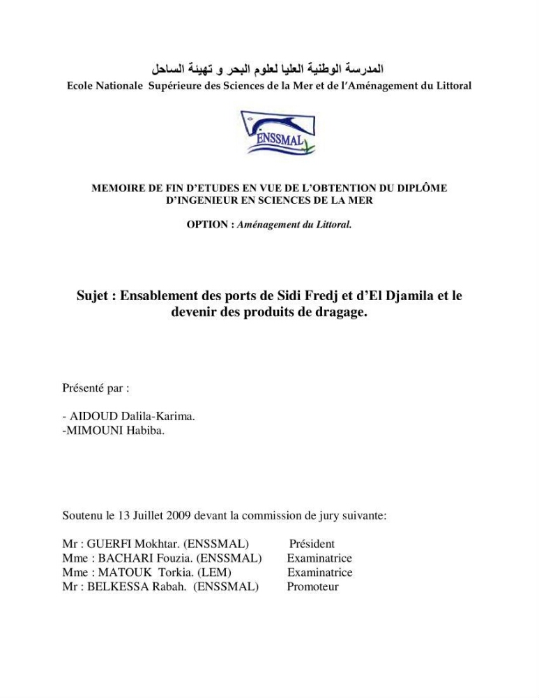 Ensablement des ports de Sidi fredj et d\'El Djamila et le devenir des produits de dragage