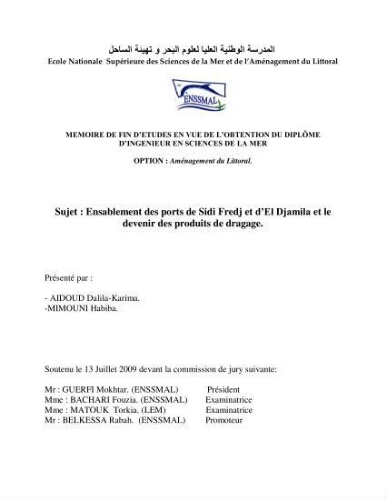 Ensablement des ports de Sidi fredj et d'El Djamila et le devenir des produits de dragage Ensablement des ports de Sidi fredj et d'El Djamila et le devenir des produits de dragage