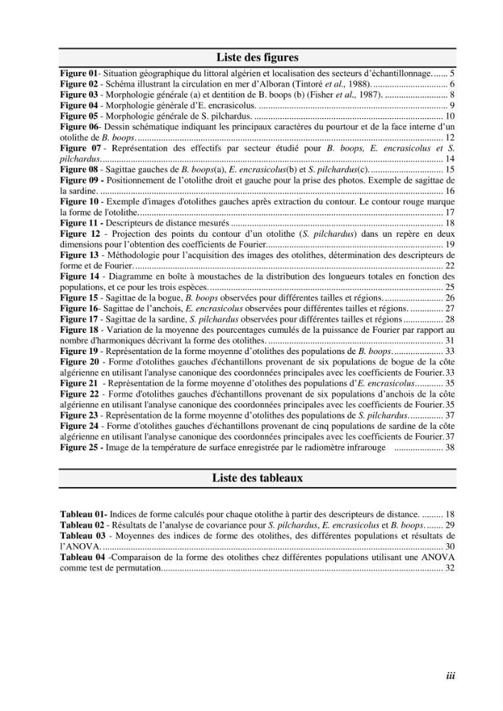 Discrimination des populations de trois espèces de petits pélagiques des côtes algériennes : Engraulis encrasicolus (Linnaeus, 1758), Sardina pilchardus (Walbaum, 1792) et Boops boops (Linnaeus, 1758) par analyse de forme des otolithes.