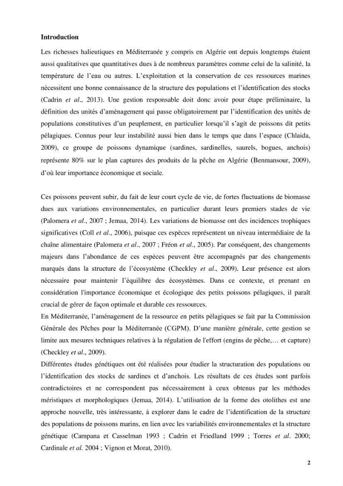 Discrimination des populations de trois espèces de petits pélagiques des côtes algériennes : Engraulis encrasicolus (Linnaeus, 1758), Sardina pilchardus (Walbaum, 1792) et Boops boops (Linnaeus, 1758) par analyse de forme des otolithes.