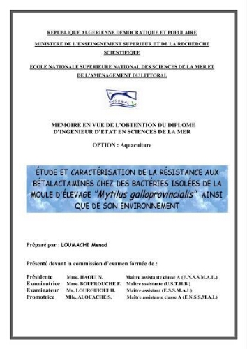 Etude et caractérisation de la résistance aux bétalactamines chez des bactéries isolées de la moule d'élevage "Mytilus galloprovincialis" ainsi que de son environnement: Etude et caractérisation de la résistance aux bétalactamines chez des bactéries isolées de la moule d'élevage "Mytilus galloprovincialis" ainsi que de son environnement: