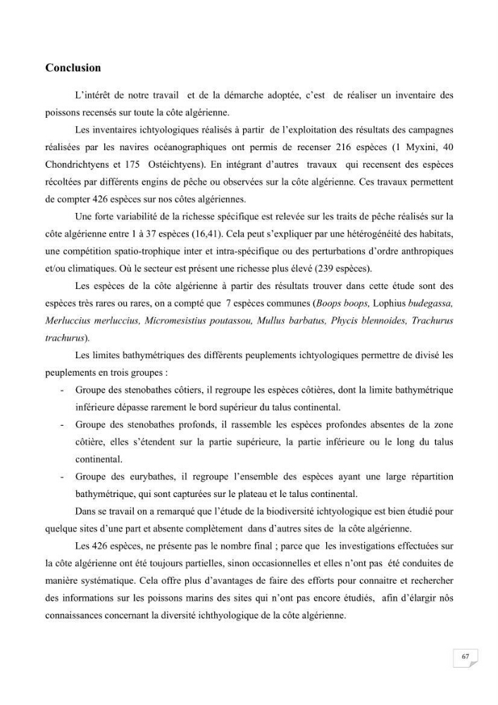 Protocole de mise en place d\'une base de données sur la biodiversité des poissons marins de la côte Algerienne