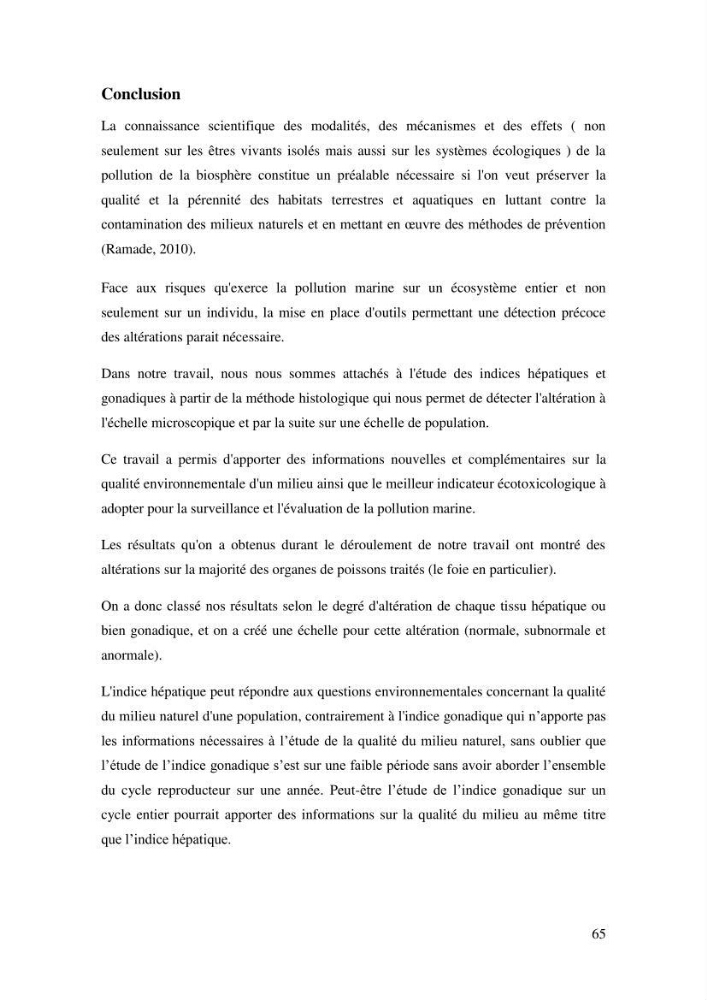 Mise en place d\'indicateurs écotoxicologiques pour la surveillance et l\'évaluation de la pollution marine (indice hépatique et gonadique des poissons)