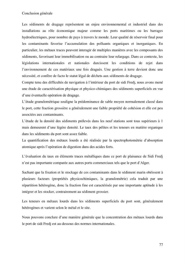 Evaluation de la qualité des sédiments superficiels du port de Sidi-Fredj en vue d\'une opération de dragage