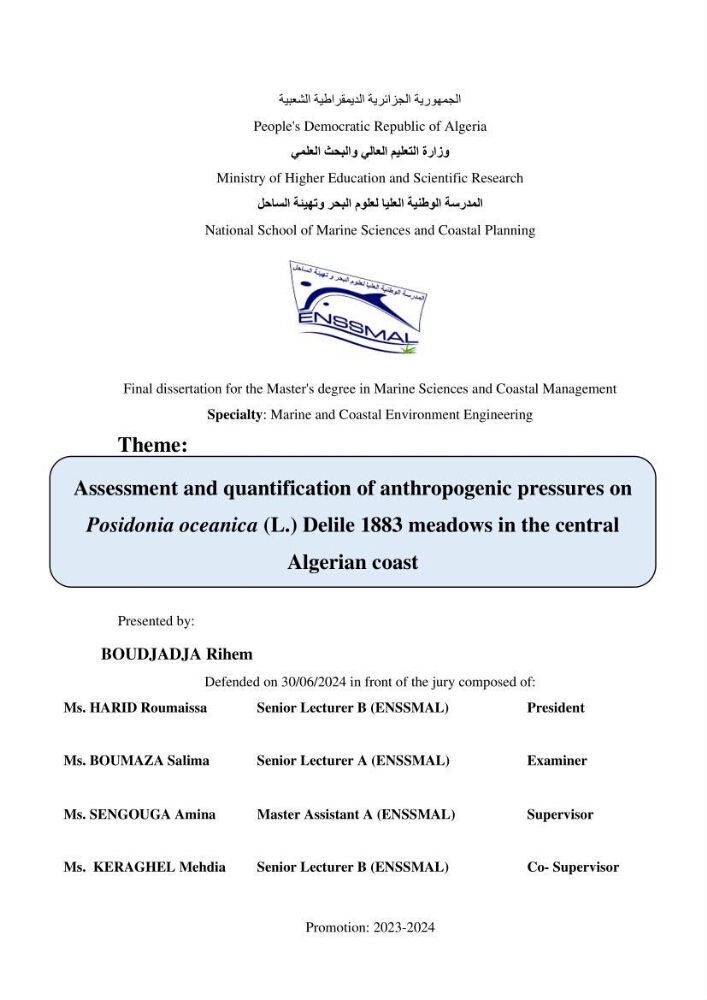Assessment and quantification of anthropogenic pressures on Posidonia oceanica (L.) Delile 1883 meadows in the central Algerian coast