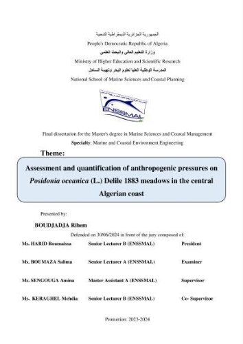 Assessment and quantification of anthropogenic pressures on Posidonia oceanica (L.) Delile 1883 meadows in the central Algerian coast Assessment and quantification of anthropogenic pressures on Posidonia oceanica (L.) Delile 1883 meadows in the central Algerian coast