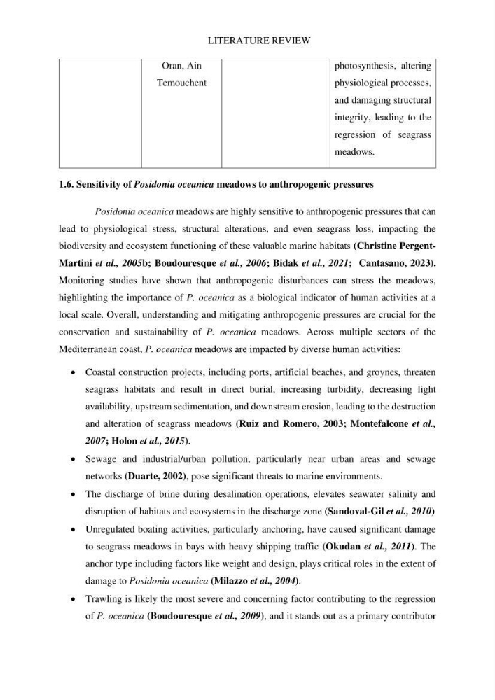 Assessment and quantification of anthropogenic pressures on Posidonia oceanica (L.) Delile 1883 meadows in the central Algerian coast