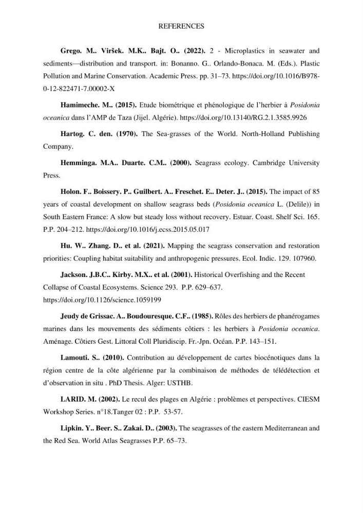 Assessment and quantification of anthropogenic pressures on Posidonia oceanica (L.) Delile 1883 meadows in the central Algerian coast