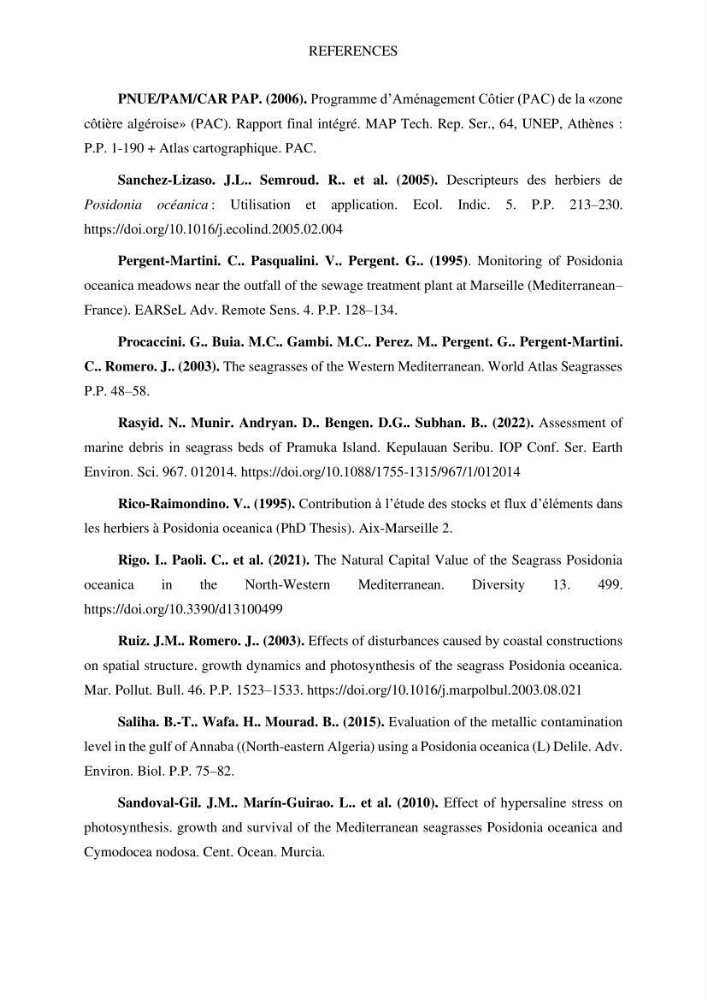 Assessment and quantification of anthropogenic pressures on Posidonia oceanica (L.) Delile 1883 meadows in the central Algerian coast