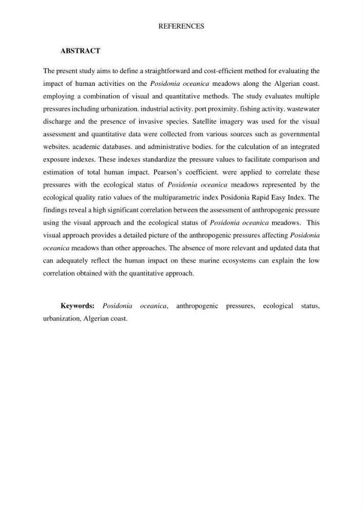 Assessment and quantification of anthropogenic pressures on Posidonia oceanica (L.) Delile 1883 meadows in the central Algerian coast