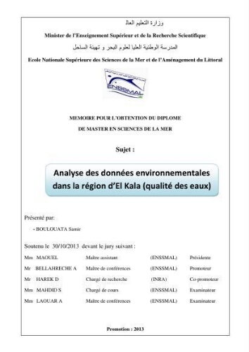 Analyse de données environnementales dans la région d'El Kala (qualité des eaux): Analyse de données environnementales dans la région d'El Kala (qualité des eaux):