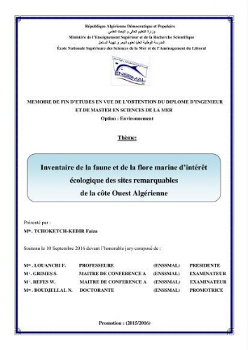 inventaire de la faune et de la flore marine d'intérêt écologique des sites remarquables de la côte Ouest Algérienne: inventaire de la faune et de la flore marine d'intérêt écologique des sites remarquables de la côte Ouest Algérienne: