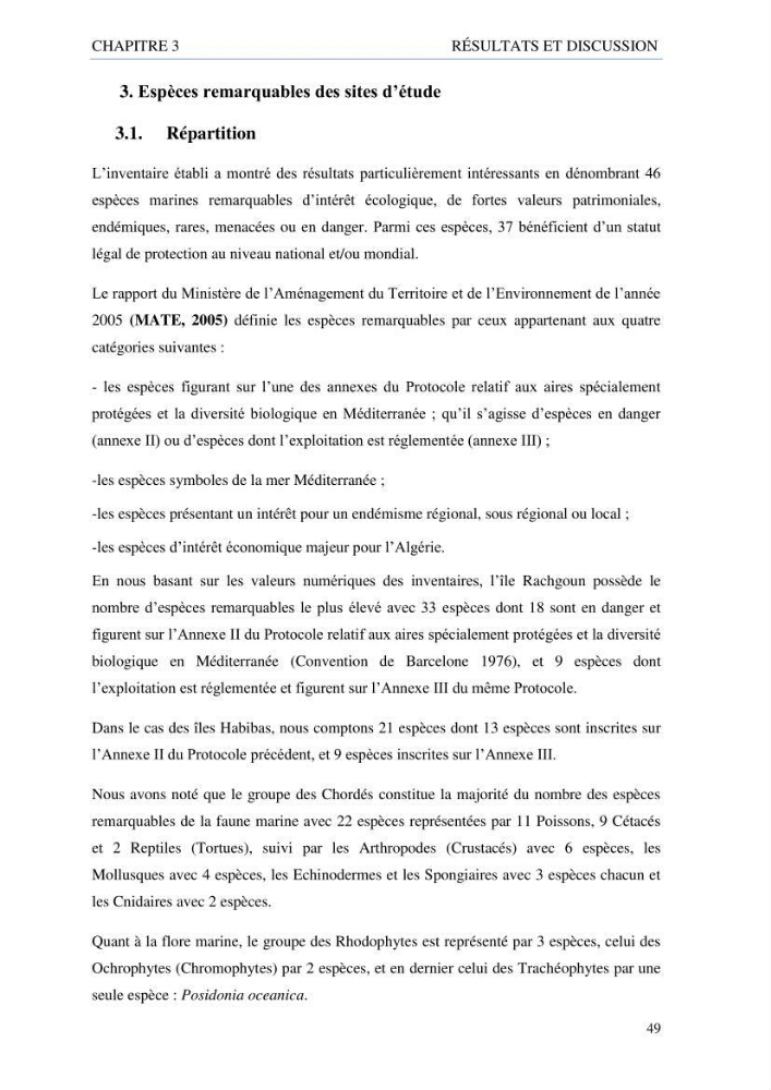 inventaire de la faune et de la flore marine d\'intérêt écologique des sites remarquables de la côte Ouest Algérienne: