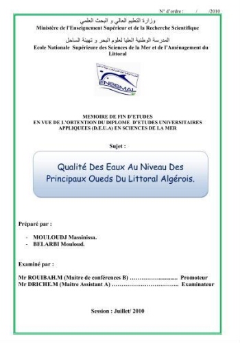 Qualité des eaux au niveau des principaux oueds du littoral Algérois Qualité des eaux au niveau des principaux oueds du littoral Algérois