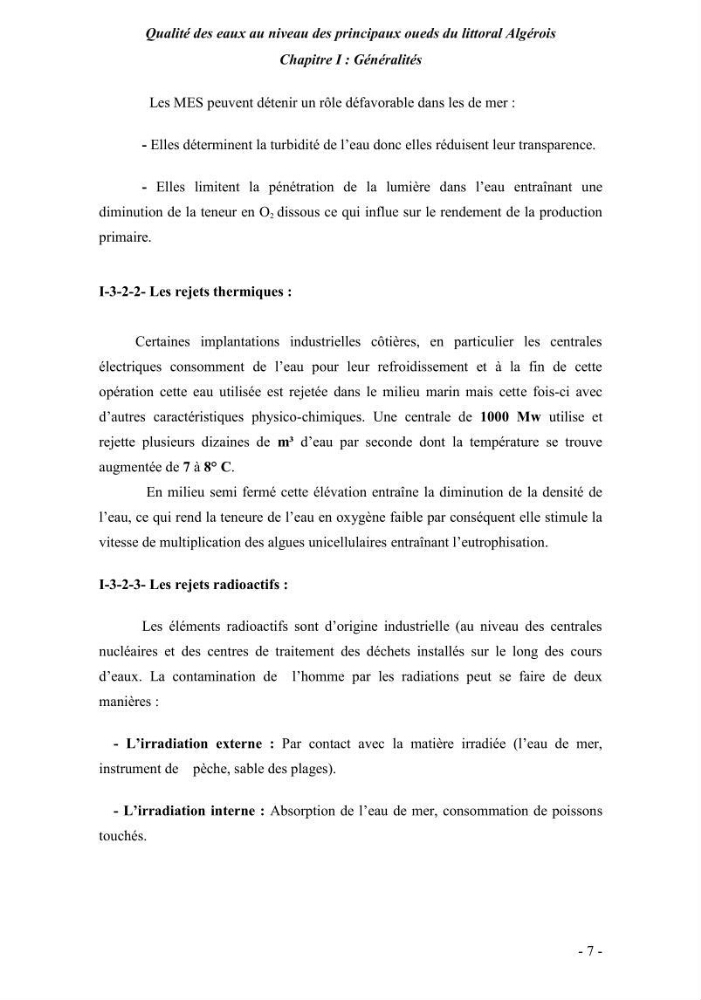 Qualité des eaux au niveau des principaux oueds du littoral Algérois