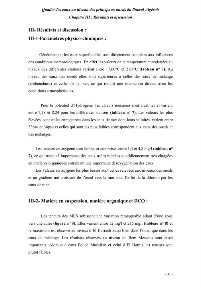 Qualité des eaux au niveau des principaux oueds du littoral Algérois