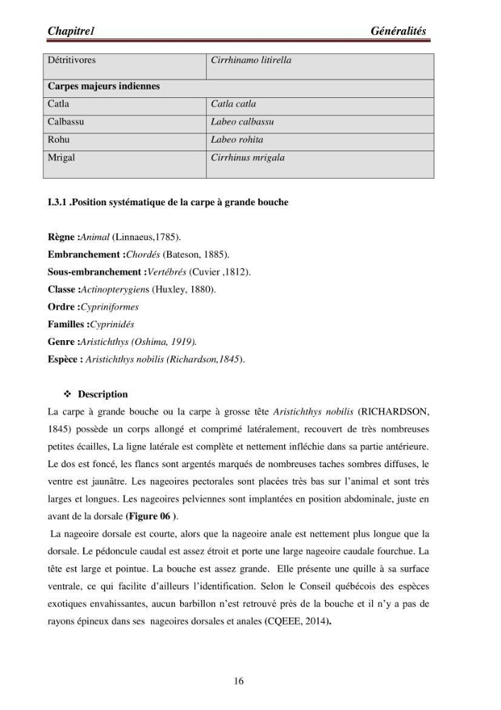 Contribution à la valorisation de la carpe chinoise Aristichthys nobilis (Richardson,1845) et l\'évaluation de la qualité des produits transformés: