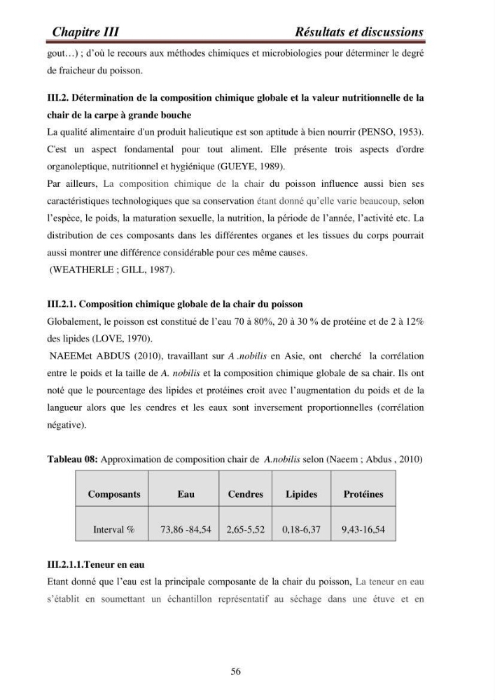 Contribution à la valorisation de la carpe chinoise Aristichthys nobilis (Richardson,1845) et l\'évaluation de la qualité des produits transformés:
