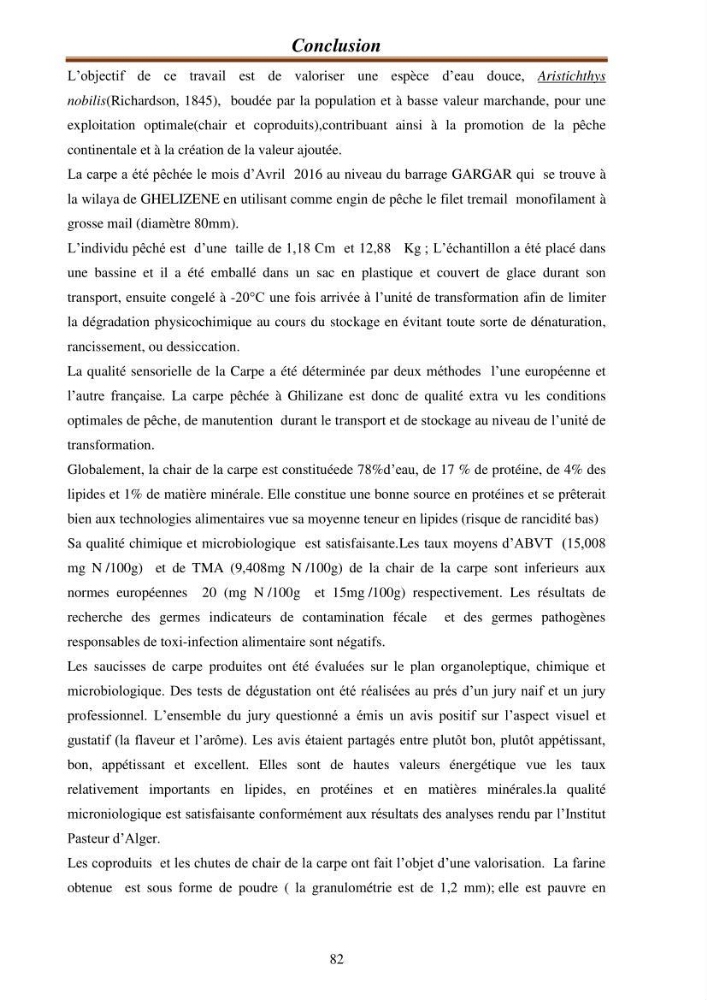 Contribution à la valorisation de la carpe chinoise Aristichthys nobilis (Richardson,1845) et l\'évaluation de la qualité des produits transformés: