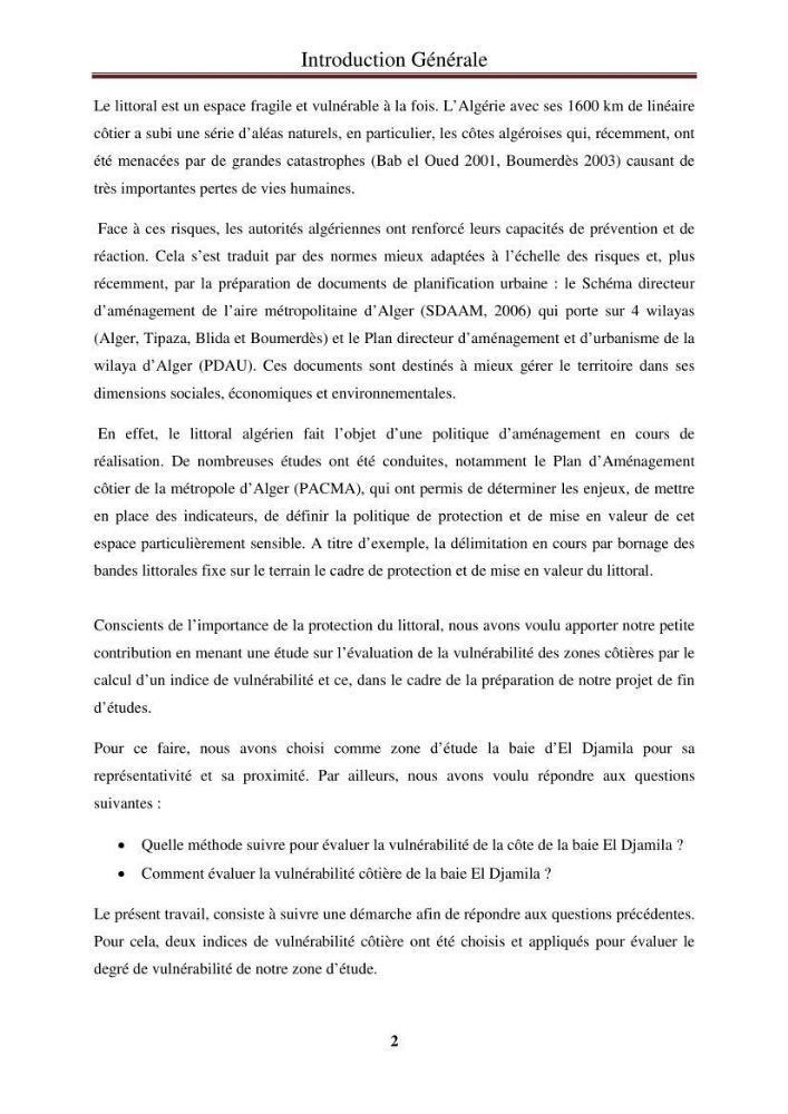 Calcul de l\'indice de vulnérabilité côtière de la baie d\'El Djamila:
