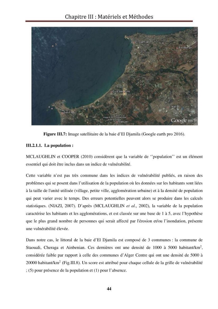 Calcul de l\'indice de vulnérabilité côtière de la baie d\'El Djamila: