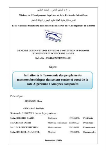 Initiation à la taxonomie des peuplements macrozoobenthiques du secteur centre et ouest de la côte Algérienne: analyses comparées Initiation à la taxonomie des peuplements macrozoobenthiques du secteur centre et ouest de la côte Algérienne: analyses comparées