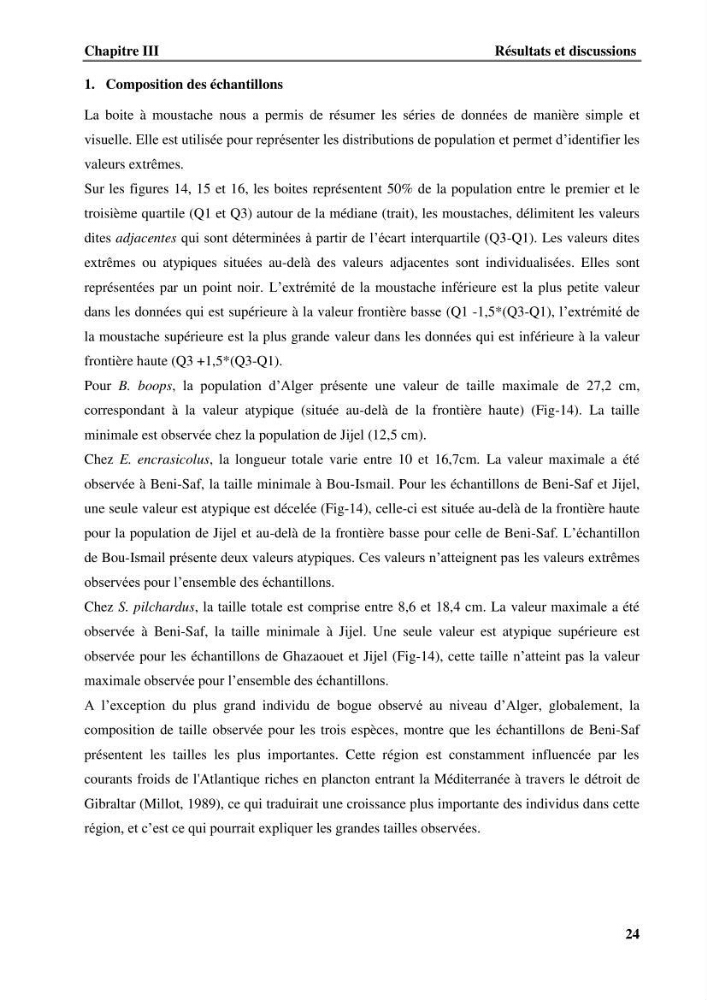 Discrimination des populations de trois espèces de petits pélagiques des côtes algériennes : Engraulis encrasicolus (Linnaeus, 1758), Sardina pilchardus (Walbaum, 1792) et Boops boops (Linnaeus, 1758) par analyse de forme des otolithes.: