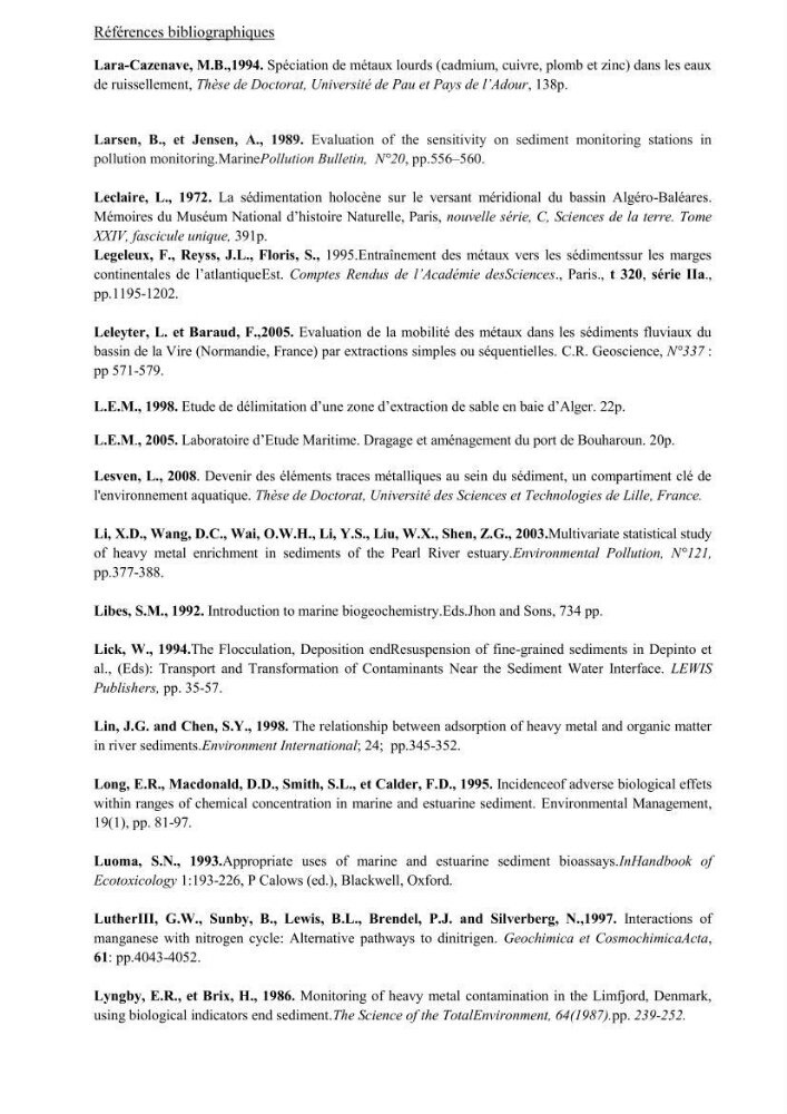 Les métaux traces dans les sédiments de la baie de Bou-Ismail