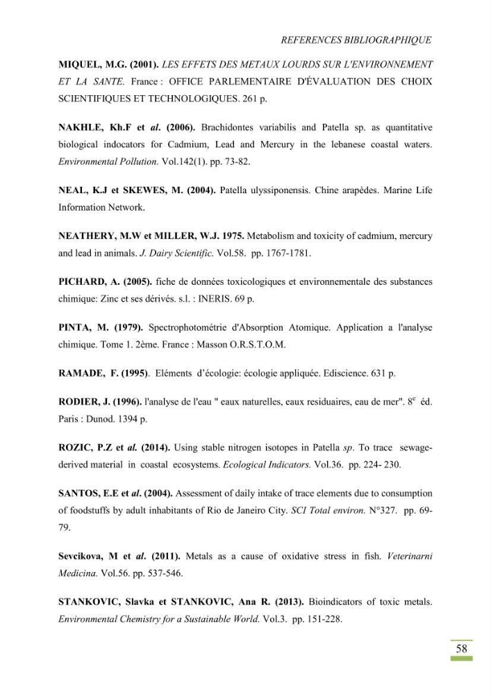 Bioaccumulation des métaux lourds chez Patella sp