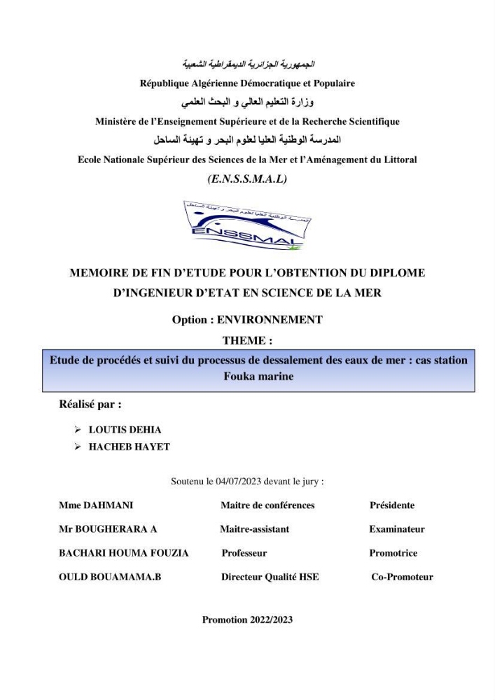 Etude de procédés et suivi du processus de dessalement des eaux de mer cas station Fouka marine