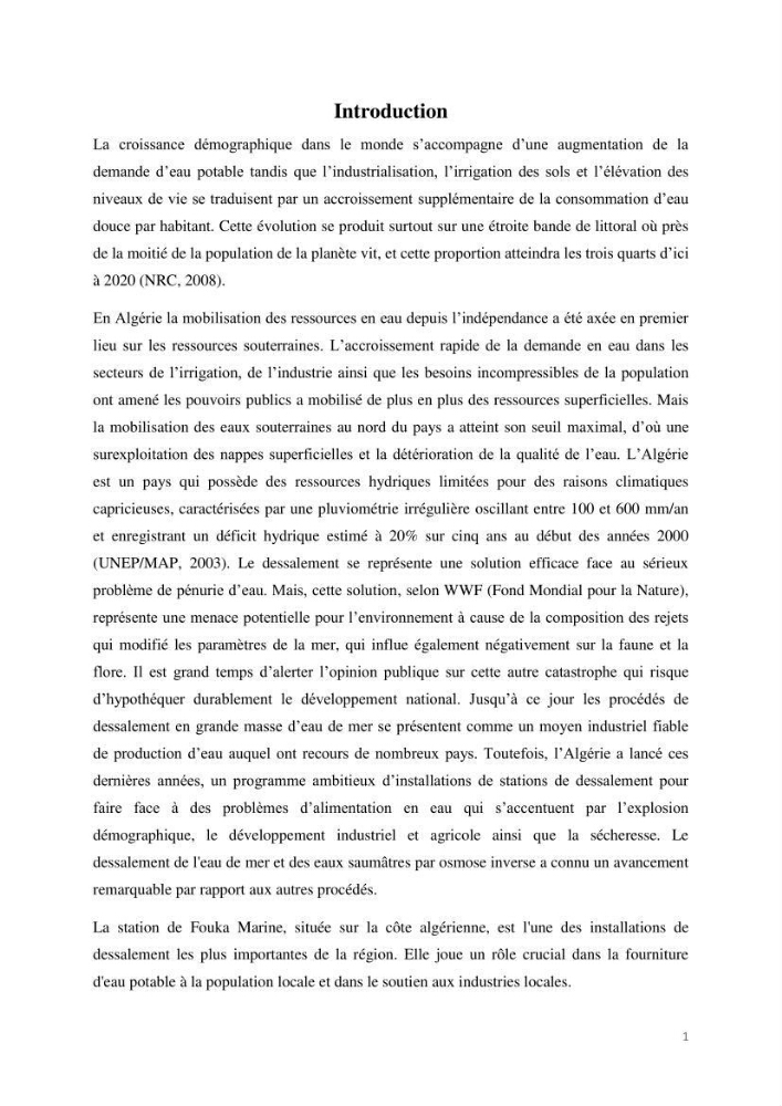 Etude de procédés et suivi du processus de dessalement des eaux de mer cas station Fouka marine