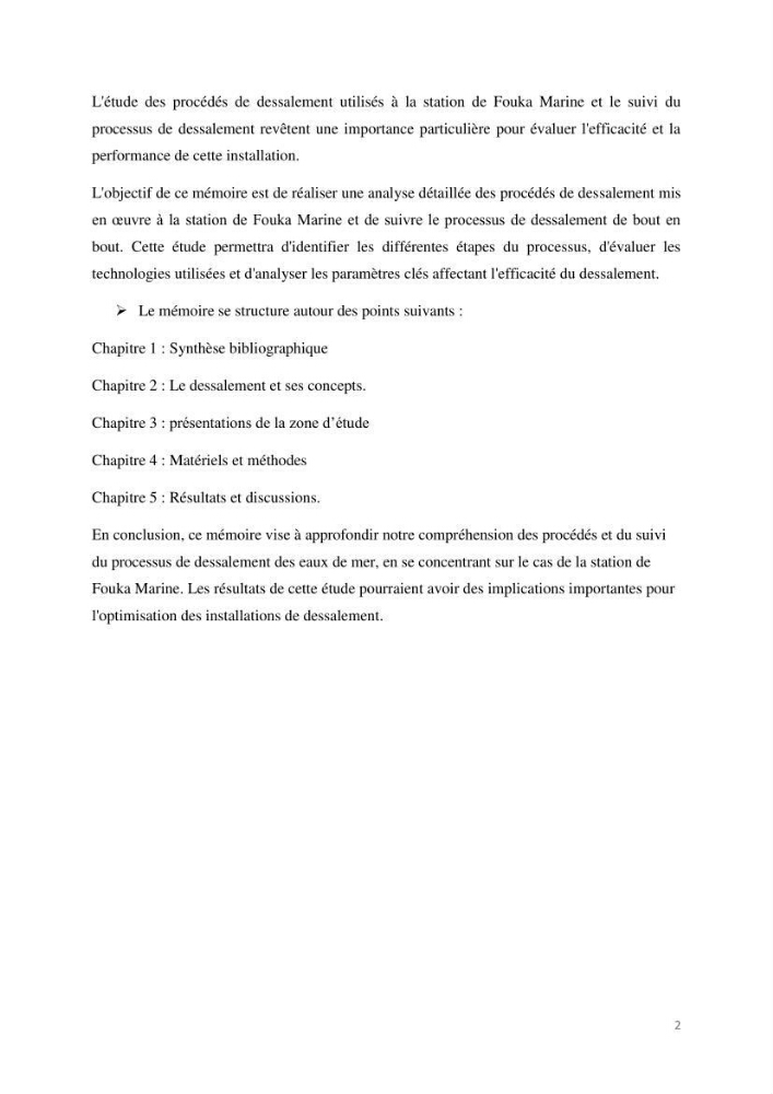 Etude de procédés et suivi du processus de dessalement des eaux de mer cas station Fouka marine
