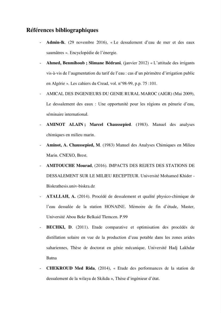 Etude de procédés et suivi du processus de dessalement des eaux de mer cas station Fouka marine