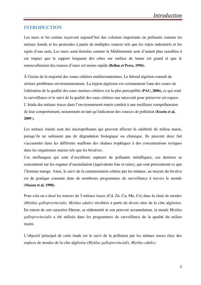 Bioaccumulation des métaux traces chez les moules de la côte algéroise: