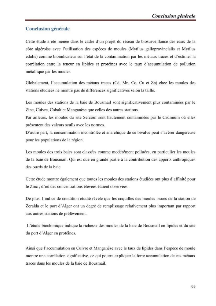 Bioaccumulation des métaux traces chez les moules de la côte algéroise: