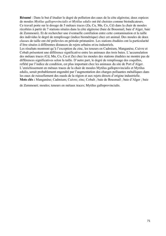 Bioaccumulation des métaux traces chez les moules de la côte algéroise: