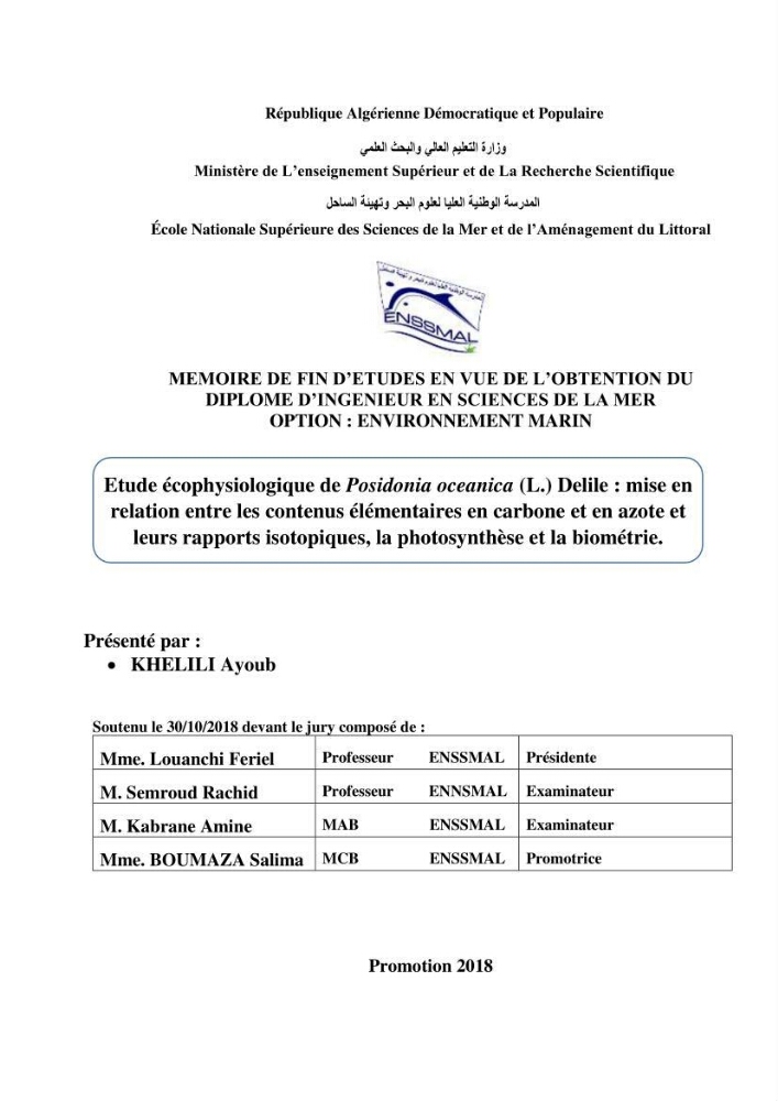 Etude écophysiologique de Posidonia oceanica (L.) Delile: mise en relation entre les contenus élémentaires en carbone et en azote et leurs rapports isotopiques, la photosynthèse et la biométrie
