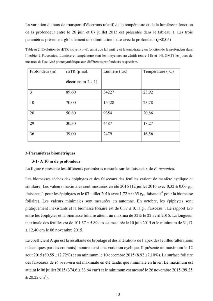 Etude écophysiologique de Posidonia oceanica (L.) Delile: mise en relation entre les contenus élémentaires en carbone et en azote et leurs rapports isotopiques, la photosynthèse et la biométrie
