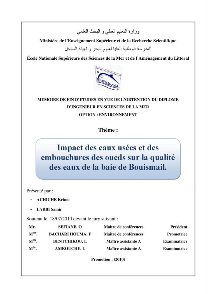 Impact des eaux usées et des embouchures des oueds sur la qualité des eaux de la baie de BouIsmail: