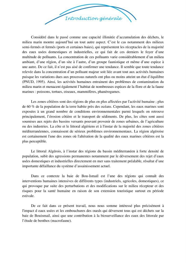 Impact des eaux usées et des embouchures des oueds sur la qualité des eaux de la baie de BouIsmail: