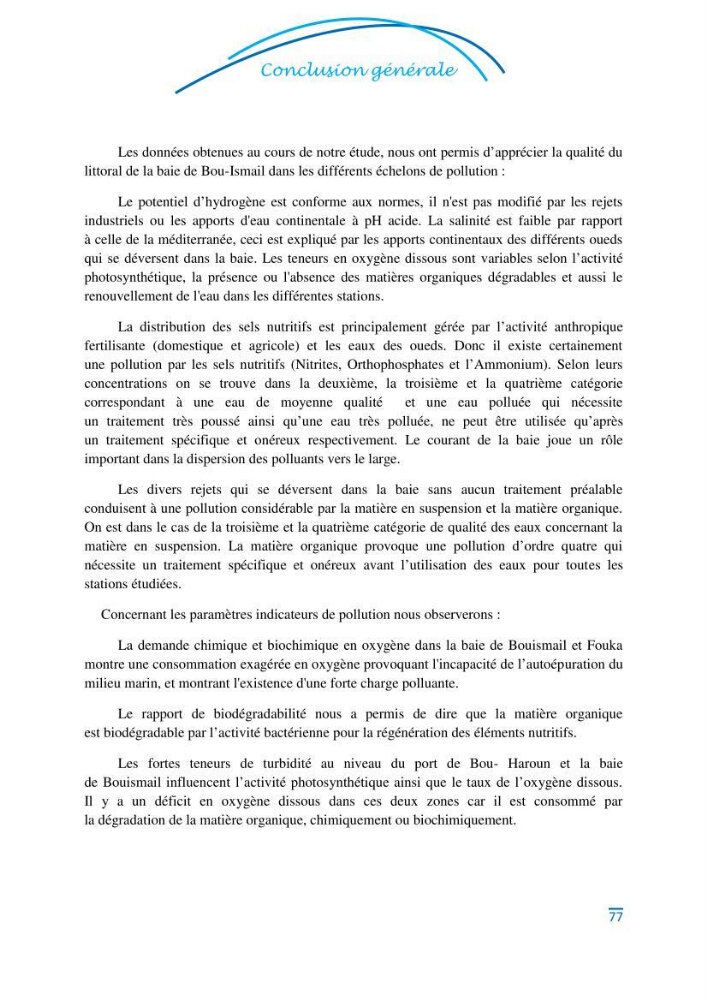 Impact des eaux usées et des embouchures des oueds sur la qualité des eaux de la baie de BouIsmail:
