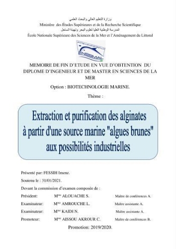 Extraction et purification des alginates à partir d'une source marine ' algues brunes' aux possibilités industrielles Extraction et purification des alginates à partir d'une source marine ' algues brunes' aux possibilités industrielles