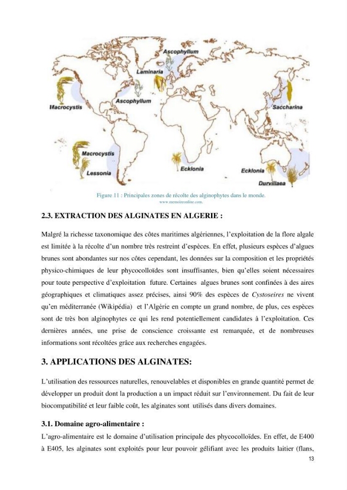 Extraction et purification des alginates à partir d\'une source marine \' algues brunes\' aux possibilités industrielles
