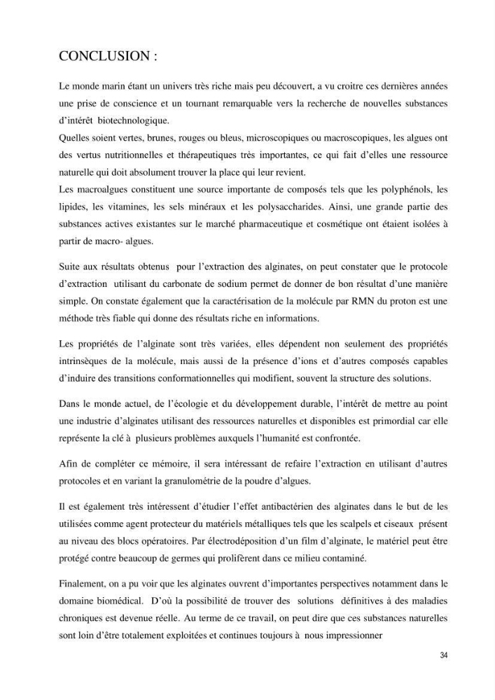 Extraction et purification des alginates à partir d\'une source marine \' algues brunes\' aux possibilités industrielles