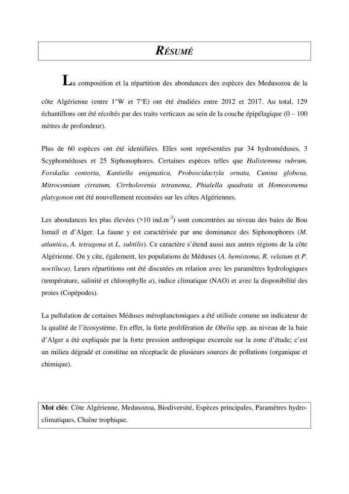 Peuplements de medusozoa des cots algeriennes : biodiversite,distribution quantitative et intractions au reseau trophique pelaique